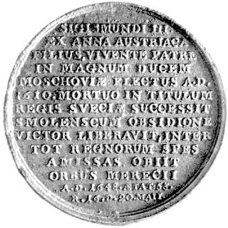 medal autorstwa J.J. Reichla przedstawiający Wladysława IV, Aw: Popiersie króla w zbroi i kapeluszu na głowie w lewo i napis w otoku: VLADISLAUS IV, sygnowany u dołu J.J. REICHEL F., Rw: Wielowierszowy napis poziomy, lany, żelazo 44,5 mm, 34,79 g., patyna