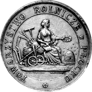 medal Towarzystwa Rolniczego w Płocku sygn. S.W., Aw: Herb Gubernii Płockiej, Rw: Kobieta siedząca w prawo