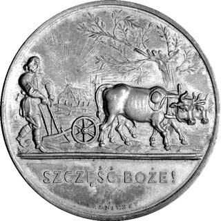 medal nagrodowy autorstwa C. Radnitzky’ ego podobny do poprzedniego, Aw: Oracz w polu, w odcinku napis: SZCZĘŚĆ BOŻE i sygn., Rw: Na tle akcesoriów rolniczych napis: DOBRZE ZASŁUŻONEMU, u dołu TOWARZYSTWO GOSPO- DARSKIE, brąz 59 mm, 61,29 g.