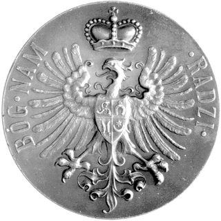 medal wybity w zakładach Penin Poncet w Lyonie w 1910 r. z okazji Zjazdu Rodzinnego Radziwiłłów w Nieświeżu, Aw: Widok zamku w Nieświeżu i napis poziomy: GENS RADZIWILLIANA...12-25.VIII.MCMX, Rw: Orzeł Radziwił- łowski pod mitrą książęcą i napis: BÓG NAM RADZI, Strzałk. 185 RRR, brąz 54 mm