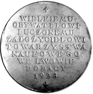 medal autorstwa P. Wojtowicza i R. Mękickiego poświęcony Oswaldowi Balzerowi 1928 r., Aw: Popiersie w lewo i napis: OSWALD BALZER, sygn. na ramieniu P. Wojtowicz 1927, Rw: Napis poziomy: WIELKIEMU OBYWATELOWI I UCZO- NEMU ZAŁOŻYCIELOWI TOWARZYSTWA NAUKOWEGO WE LWOWIE 1928, Strzałk.617, brąz 60 mm
