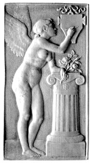 plakieta secesyjna autorstwa Louisa Eugene Mouchona (1843- 1914), Aw: Naga kobieta ze skrzydłami oparta o kolumnę rysuje na tablicy, sygn. E. MOUCHON, Rw: Gałązka bluszczu