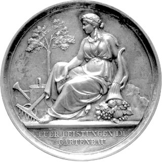 medal autorstwa H. Schillinga i A. Mertensa za osiągnięcia w produkcji drzew i krzewów, Aw: Kobieta siedząca w lewo, obok róg obfitości i narzędzia rolnicze