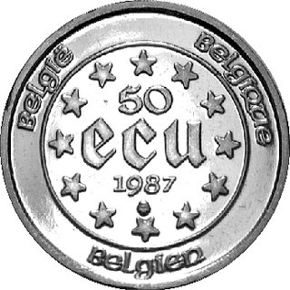 50 ecu 1987, Aw: Popiersie Karola V, Rw: Nominał