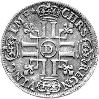 1/2 ecu 1691, Lyon, Aw: Popiersie, Rw: Poczwórny monogram w kształcie krzyża, Gadoury 184