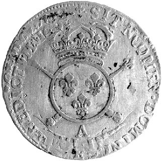 1/2 ecu 1702, Paryż, Aw: Popiersie, Rw: Herb z insygniami królewskimi, Gadoury 189
