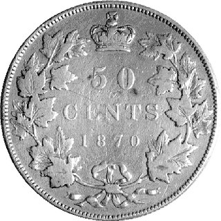 50 centów 1870, Aw: Głowa królowej Wiktorii, Rw: Nominał i data w wieńcu, rzadkie