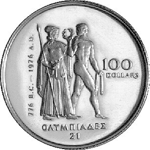 100 dolarów 1976, Aw: Popiersie królowej Elżbiety II, Rw: Stojąca Atena i atleta, Fr. 7, złoto 16,89 g., próba 916