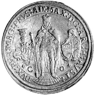 Maksymilian I 1590-1618 - półtalar 1614, Aw: Postać Wielkiego Mistrza, Rw: Rycerz na koniu, Neumann 109
