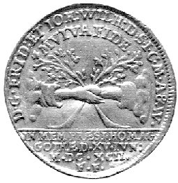 Fryderyk II i Jan Wilhelm 1691-1707 - dukat 1692, Aw: Dwa popiersia, Rw: Para rąk w uścisku, Fr. 2968, Merseb. 3118 RR, złoto, 3,43 g., bardzo rzadki