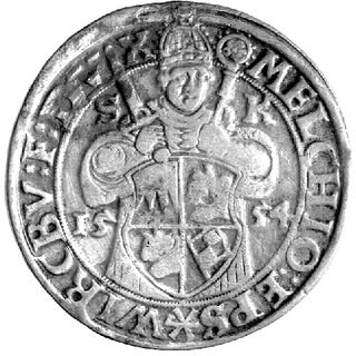 Melchior Zobel 1544-1558 - talar 1554, Aw: Półpostać biskupa, literki S-K, Rw: Orzeł cesarski, Dav. 9975, mały ślad po zawieszce, ślad po wyłamanym stemplu