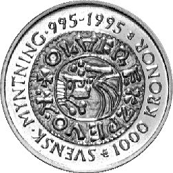 Karol XVI Gustaw 1973- 1.000 koron 1995, moneta wybita na 1.000 - lecie mennictwa w Szwecji, złoto, 5,79 g.