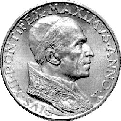 100 lirów 1948, Aw: Popiersie Piusa XII, Rw: Personifikacja Kościoła z dziećmi, Fr. 288, złoto, 5,19 g.