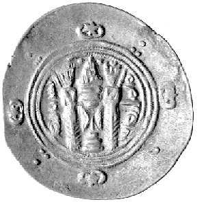 Tabaristan- Yahya ben al-Havasi, pół dirhema (783 r), Aw: Popiersie w tiarze w prawo, Rw: Ołtarz Ognia z dwoma strażni- kami, Gaube 151, 1.90 g.