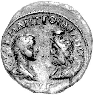 Odessus- Tracja, AE-25, Aw: Popiersia Gordiana i Sarapisa zwrócone do siebie i napis: , Rw: Nemesis lub Aequitas stojąca w lewo z wagą i włócznią w drugiej ręce