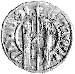 Hetum I i Zabela 1229- 1290, tram, Aw: Stojący na wprost król z królową z długim krzyżem, napis w otoku, Rw: Lew z krzy- żem, napis w otoku, 2.82 g.