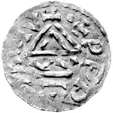 Bolesław I 929- 967, denar, Aw: Krzyż równoramienny, w polu 3 kulki i kółko, napis w otoku: BOLEZLAVDA, Rw: Kaplicz- ka i napis w otoku: PPRAGA CIV.., Cach 32, 1.18 g.