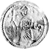 denar, mennica Wrocław, Aw: Biskup z krzyżem i litery SA, Rw: Rycerz walczący z lwem, Such.2, Str. 46, 0.35 g.