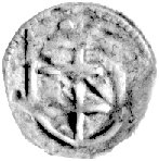 denar jednostronny, Wschowa, Aw: Tarcza herbowa z podwójnym krzyżem, powyżej dwie kropki, Gum.410, 0.22 g., bardzo rzadki