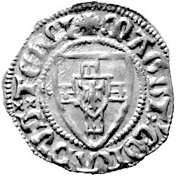 Konrad von Jungingen 1393- 1407, szeląg, Aw: Tarcza Wielkiego Mistrza i napis MAGST CORADVS TERCI, Rw: Tarcza Zakonu i napis: MONETA DNORVM PRVC, Neumann 7c, Vossberg 305, 1.42 g.