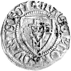 Konrad von Jungingen 1393- 1407, szeląg, Aw: Tarcza Wielkiego Mistrza i napis MAGST CORADVS TERCI, Rw: Tarcza Zakonu i napis: MONETA DNORVM PRVC, Neumann 7b, Vossberg 238, 1.69 g.