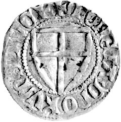 Konrad von Jungingen 1393- 1407, szeląg, Aw: Tarcza Wielkiego Mistrza i napis MAGST CORADVS TERCI, Rw: Tarcza Zakonu i napis: MONETA DNORVM PRVC, Neumann 7b, Vossberg 238, 1.69 g.