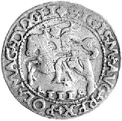 trojak 1565, Wilno, Kurp. 846 R3, Gum. 623, T. 15, moneta z cytatem z psalmu - zwana trojakiem szyderczym.