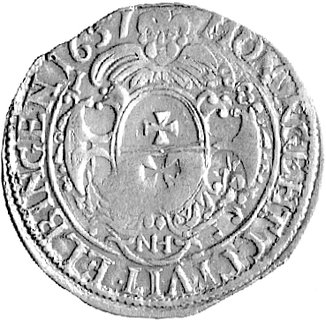 ort 1657, Elbląg, okupacja szwedzka,drugi egzemplarz, popiersie króla Karola Gustawa, ciekawe połączenie awersu typ Ahlström IIa (ozdobne przerywniki - charakterystyczne dla ortów z 1656 roku) z rewersem typ Ahlström IIc - typowym dla ortów z 1657 roku, rzadki.