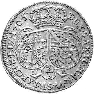 2/3 talara (gulden) 1705, Drezno, Dav. 819, Merseb. 1450, piękny egzemplarz z rysą na awersie.