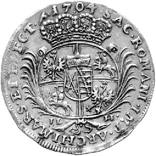 1/4 talara 1704, Drezno, bardzo ciekawa i rzadka moneta o wadze 7,21 gramów, znana ze zbioru hr. Hutten Czapskiego jako 2 dukaty /poz. 10782/, patyna.