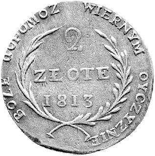 2 złote 1813, Zamość, odwrócona litera D w napisie DOPOMOZ, Plage 127, rzadkie.