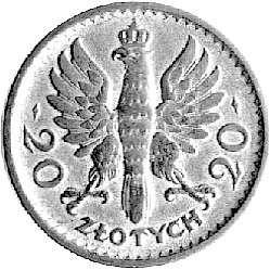 20 złotych 1925, Głowa Kobiety, drugi egzemplarz, brąz 4,55 g., cieńszy krążek, ładnie zachowana moneta.