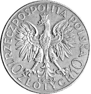 10 złotych 1932, Głowa Kobiety, na rewersie wypukły napis PRÓBA, Parchimowicz P-152a, wybito 100 sztuk, srebro 21,76 g.