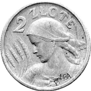 2 złote 1927, Głowa Kobiety z kłosami, na rewersie wklęsły napis PRÓBA, Parchimowicz P-136g, nakład nieznany, tombak 9,74 g., ładna stara patyna.