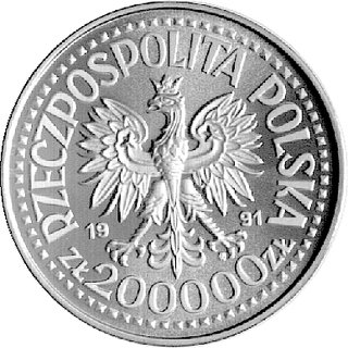 200.000 złotych 1991, na rewersie napis PRÓBA, Parchimowicz P-641a, wybito 6.000 sztuk, srebro.