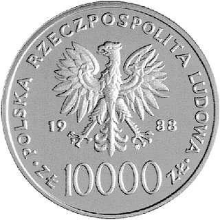10.000 złotych 1988, X Lat Pontyfikatu, na rewersie napis PRÓBA, Parchimowicz P-523, wybito 500 sztuk, nikiel.