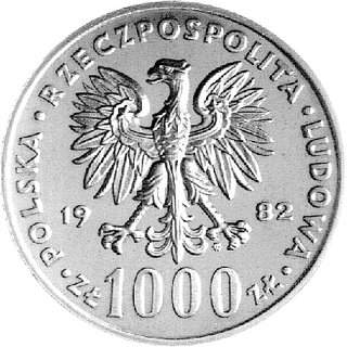 1.000 złotych 1982, II wizyta papieża Jana Pawła II w Polsce, na rewersie napis PRÓBA, Parchimowicz P-477b, wybito 500 sztuk, nikiel.