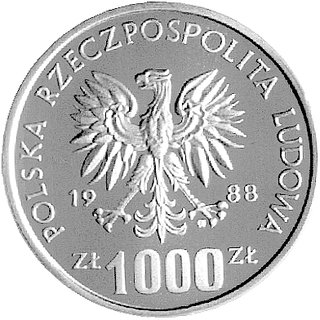1.000 złotych 1988, Jadwiga, na rewersie napis PRÓBA, Parchimowicz P-495a, wybito 2500 sztuk, srebro, bardzo duża rzadkość.