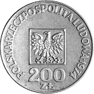 200 złotych 1974, XXX LAT PRL, na rewersie napis PRÓBA, Parchimowicz P-417b, wybito 20 sztuk, srebro 14,45 g., rzadkie.