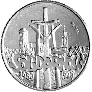 10.000 złotych 1990, Solidarność, na rewersie napis PRÓBA, Parchimowicz notuje tylko próbę wybitą w niklu, nakład nieznany, miedzionikiel 10,81 g., rzadkie.