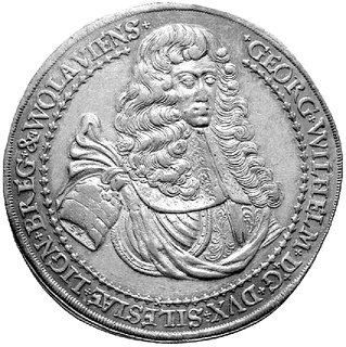 1 1/4 talara 1675, Brzeg, F.u. S. -, Dav. 488, efektowna moneta wybita z okazji śmierci księcia Jerzego Wilhelma, 33,92 g., ładna, stara patyna.