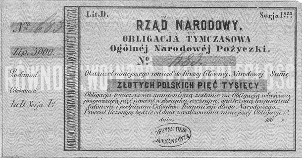 obligacja tymczasowa Rządu Narodowego na sumę 5.000 złotych, Moczydłowski S.12, pieczęć owalna i numeracja odręczna