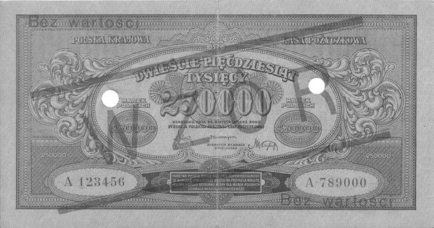 zestaw wzorów banknotów 250.000, 500.000 i 10.00