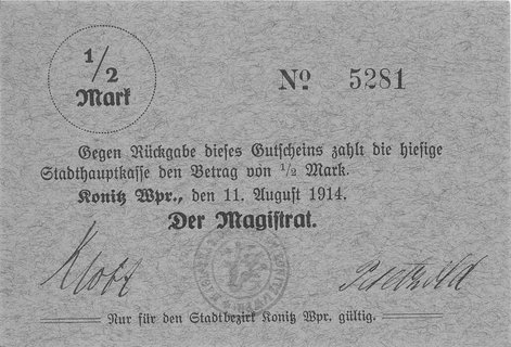 Chojnice (Konitz)- 1/2 i 1 marka 11.08.1914 emitowane przez Magistrat, Keller 185c, Schoenawa 1, 2, bardzo rzadkie, razem 2 sztuki