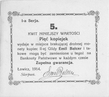 Łowicz- 5, 10, 20, 50 kopiejek 1914 emitowane przez kupca Emila Balcera, Jabł.1297- 1300, razem 4 sztuki