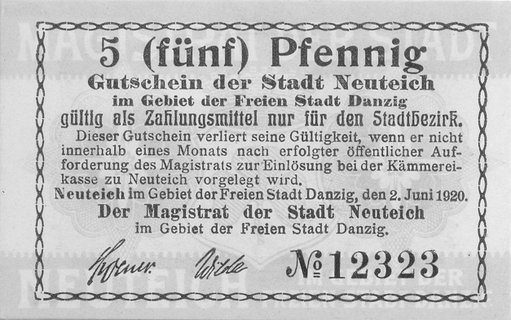 Nowy Staw (Neuteich)- 5, 10 i 50 fenigów 2.06.1920 i 50 fenigów 1.04.1919 emitowany przez Magistrat, Schoenawa 7, 8, 9, 6, razem 4 sztuki