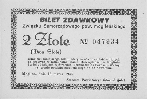 Mogilno- 2 i 5 złotych 15.03.1945 emitowane przez Związek Samorządowy, Jabł.4225, 4226, razem 2 sztuki