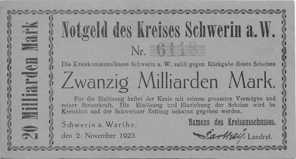 Skwierzyna (Schwerin a. Warthe)- 20 miliardów marek 2.11.1923, emisja dla powiatu, Schoenawa 2, rzadkie