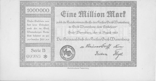Syców (Gross Warthenberg)- 1 i 5.000.000 marek 14.08.1923 emitowane przez władze powiatowe, Keller 1973, na odwro- cie mapy- duża ciekawostka, razem 2 sztuki