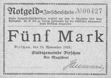 Tczew (Dirschau)- 5 i 20 marek 15.11.1918 ważne do 31.12.1918, emitowane przez Magistrat, Schoenawa 1, 2, razem 2 sztuki
